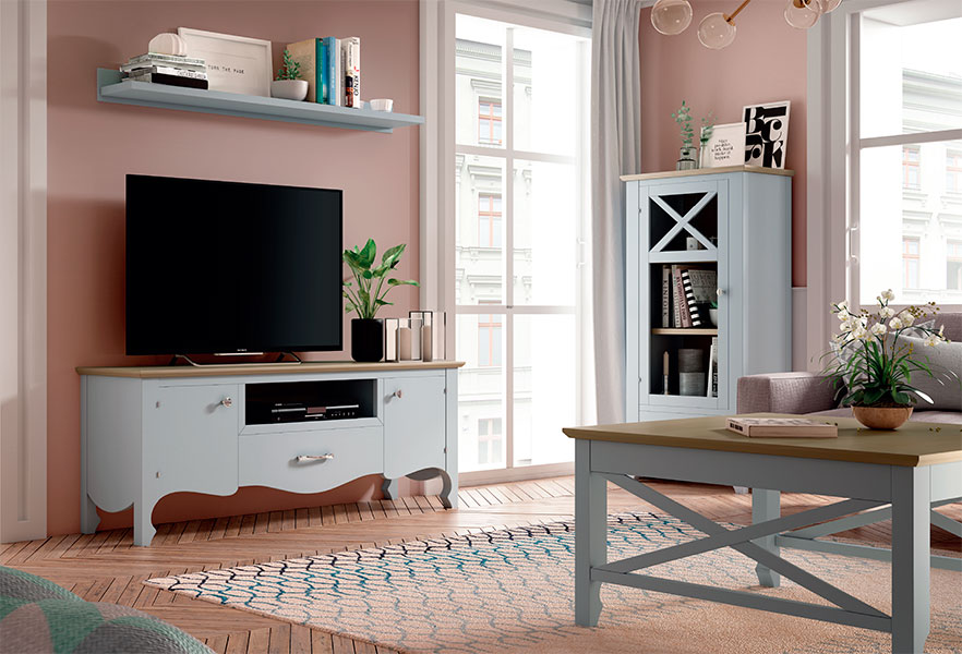Corona Mueble salón con mueble TV vitrina blanca madera