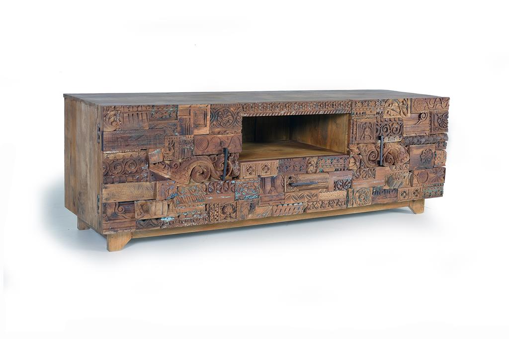 Mueble bajo tv rustico madera reciclada tallada