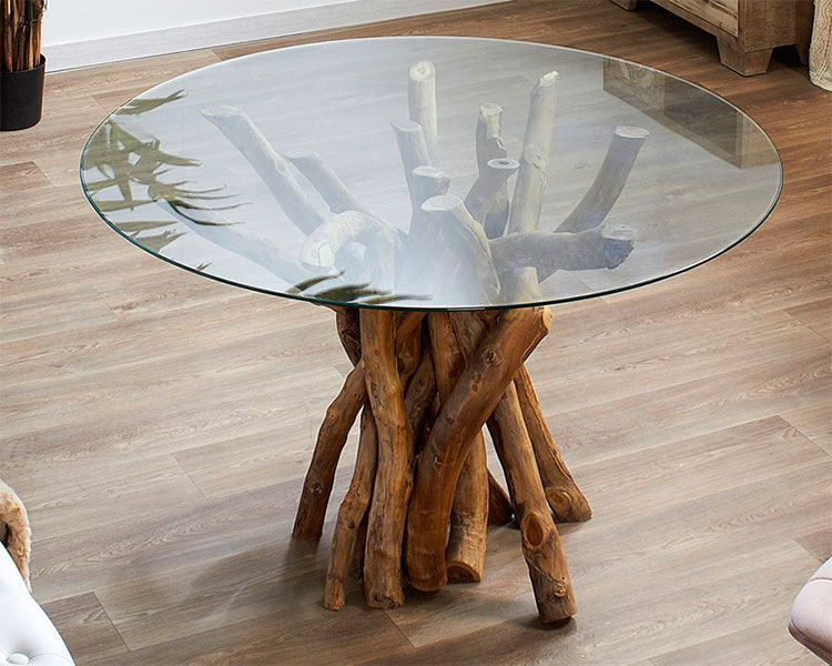 Mesa redonda troncos de teca natural y cristal