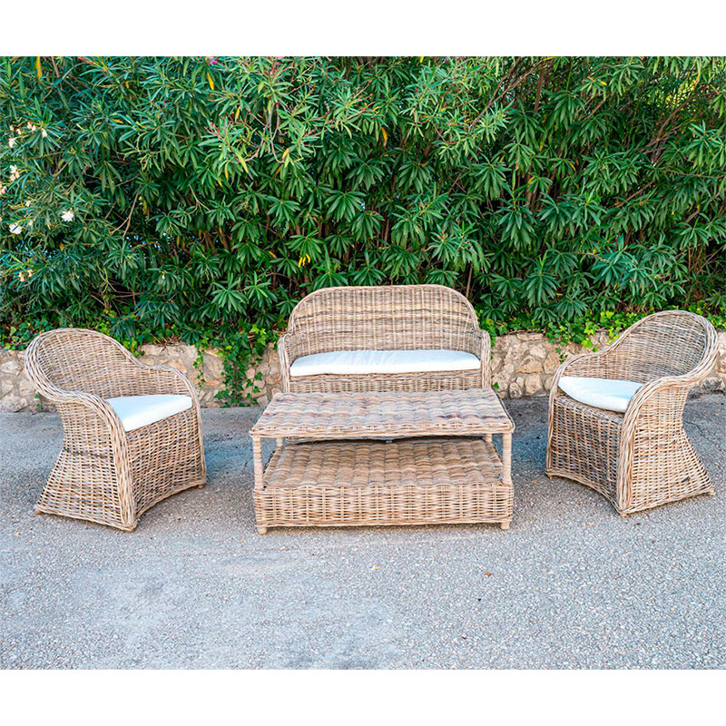 Conjunto mesa sofa sillones rattan natural exteriores
