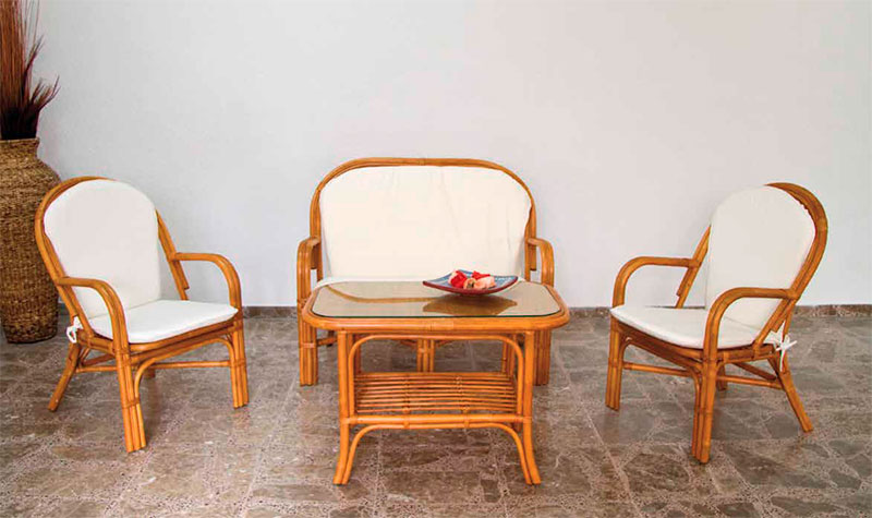Juego mesas sillones sofa rattan natural con cojin