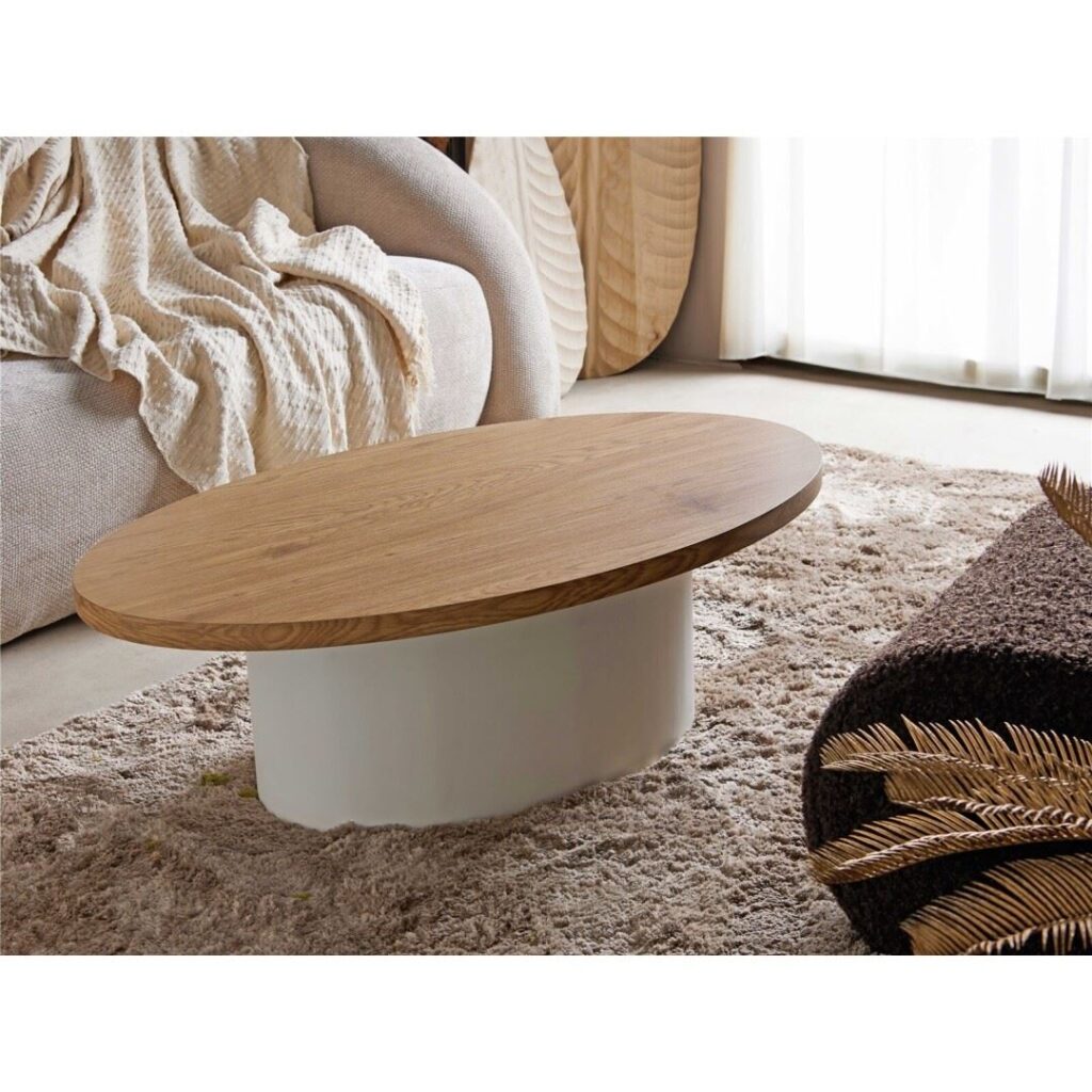 Mesa centro oval bicolor madera y pata central blanca