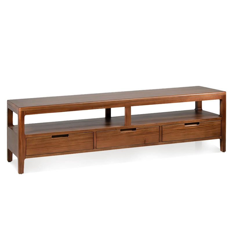 Mueble bajo television estilo colonial con estantes y cajones