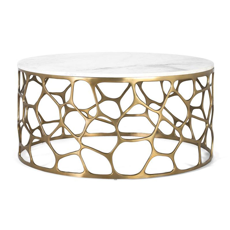 Mesa de centro redonda aluminio dorado y marmol diseño moderno