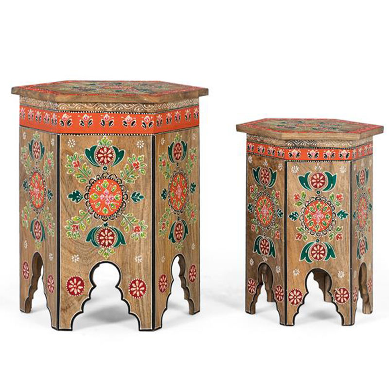 Conjunto de 2 mesas o taburetes orientales pintados