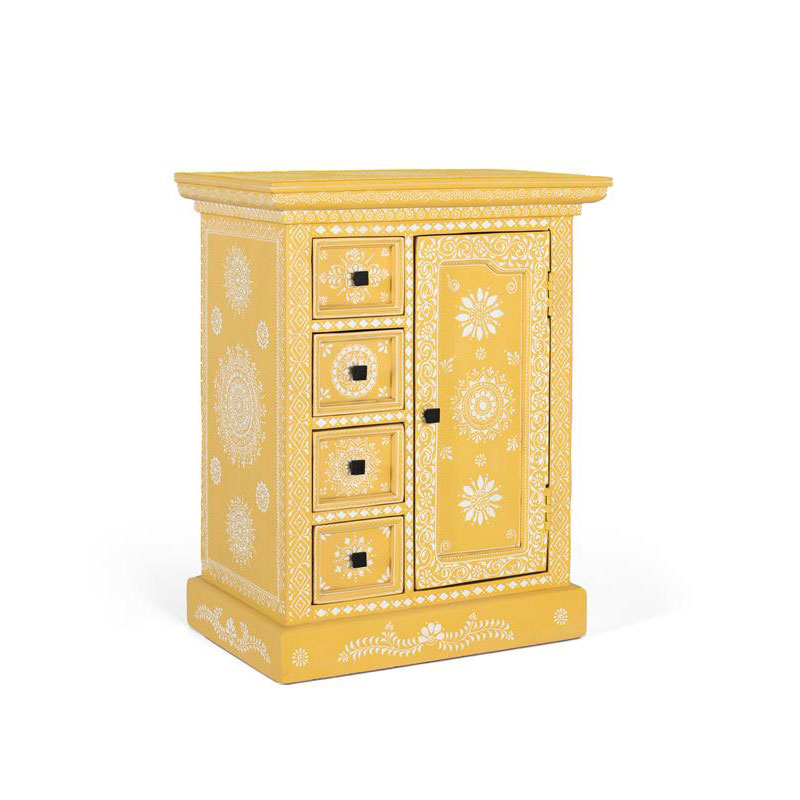 Mesita etnica oriental pintada a mano amarillo blanco