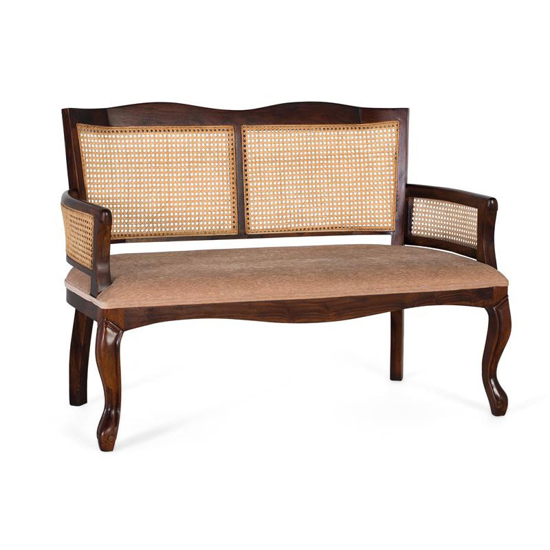 Sofa de 2 plazas tapizado y con rejilla en madera color nogal