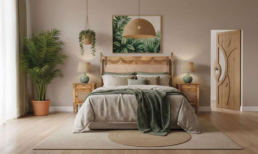 Dormitorio Clasico Madera Natural y Rejilla Rattan