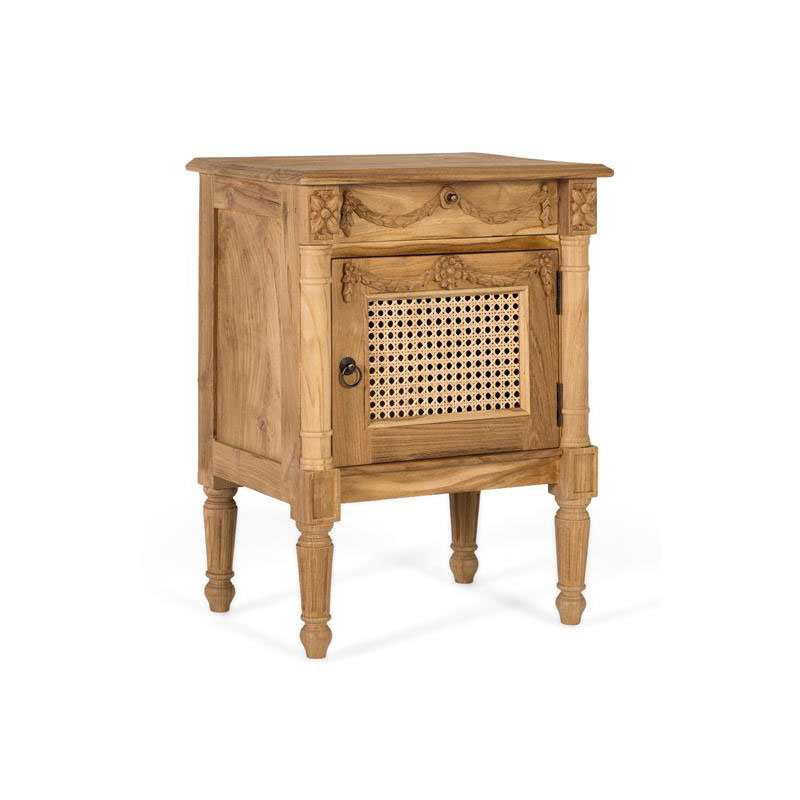 Mesita noche madera natural y rejilla rattan 1 cajon 1 puerta