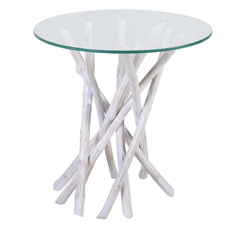 Mesa auxiliar palos de madera y cristal