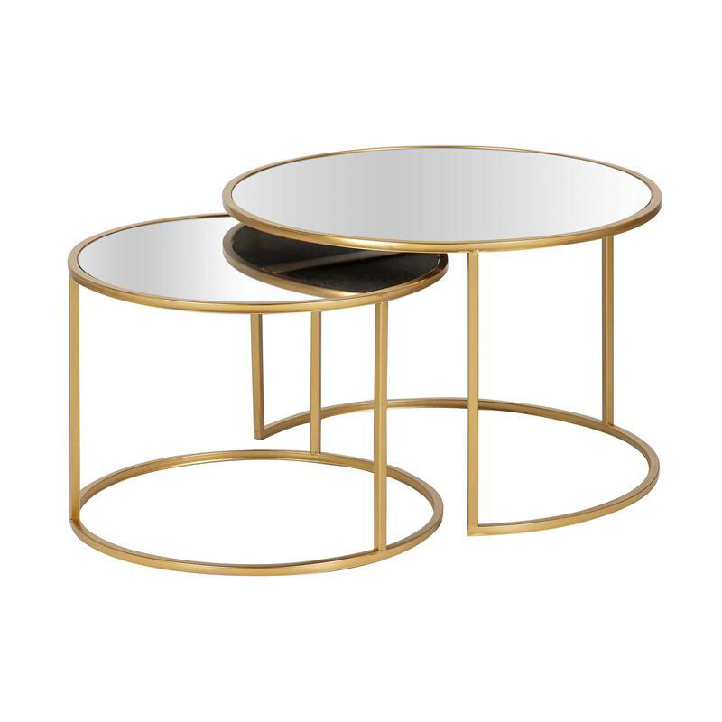 2 Mesas nido de forja dorada y tapa cristal