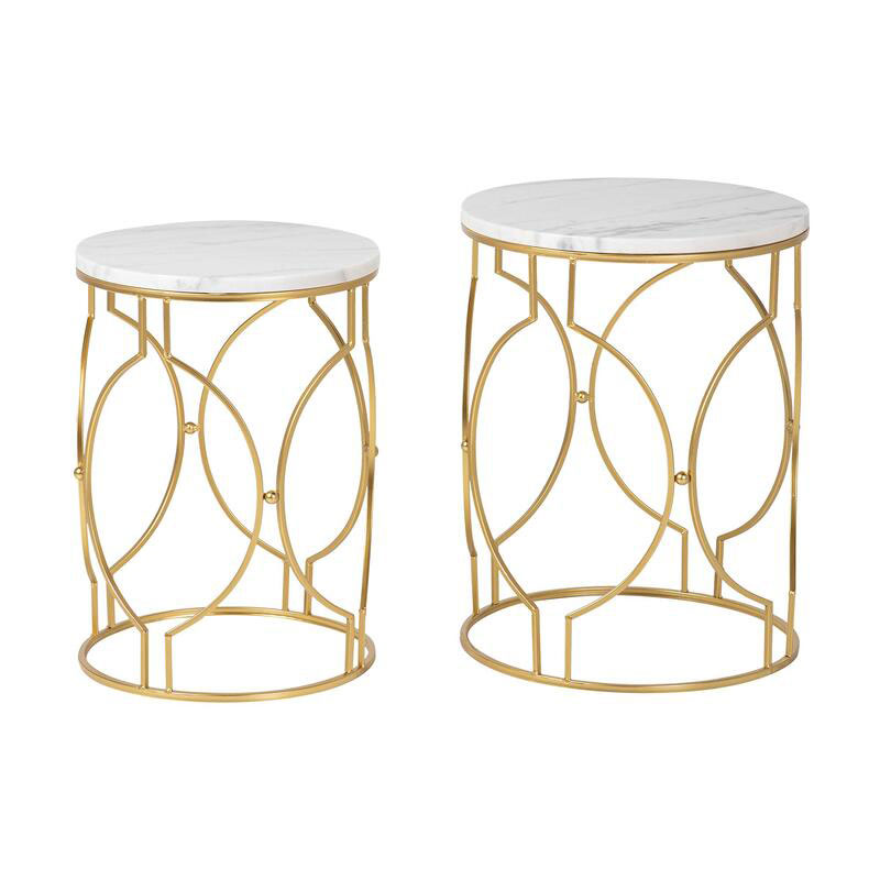 Conjunto 2 mesas de metal dorado auxiliares con tapa marmol
