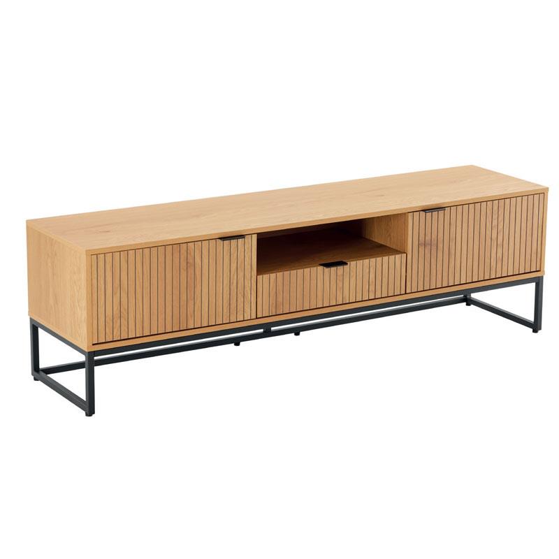 Mueble Bajo TV 2 Puertas y Cajón Madera Natural y Metal