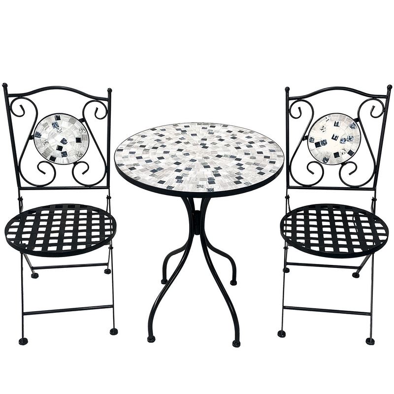 Set 2 Sillas y Mesa Forja Negra Ceramica Blanca Exterior