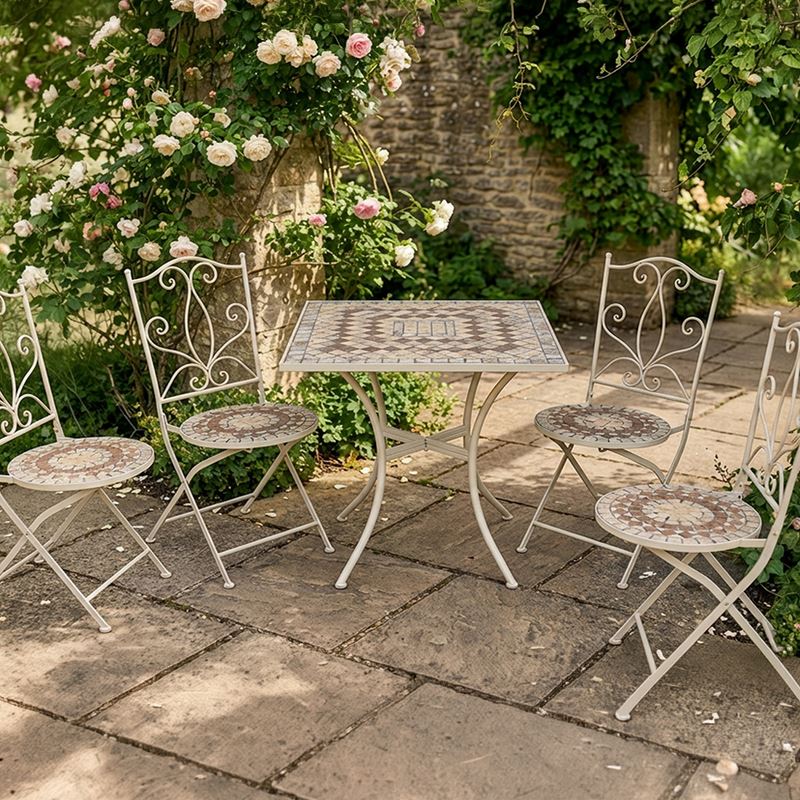Conjunto Jardin 4 sillas mesa cuadrada acero blanco ceramica