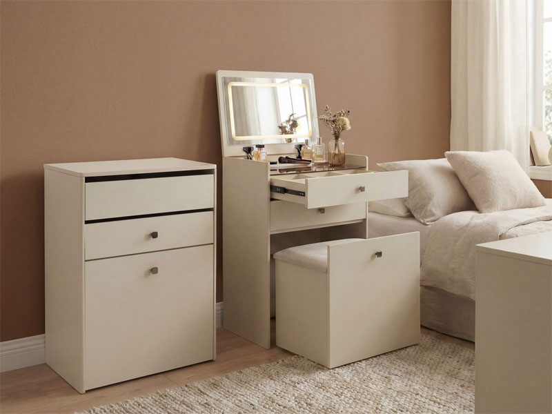 Mueble Tocador con Espejo y Banco Color Blanco - Serie Aloigny