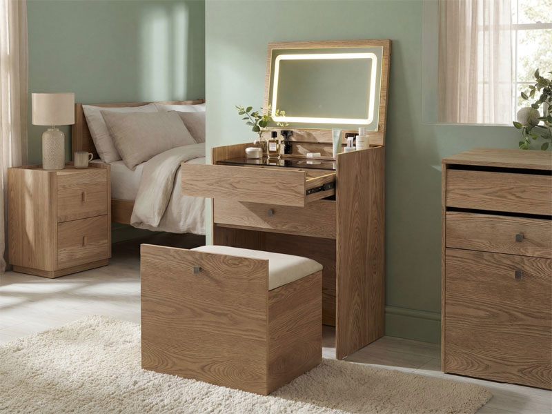 Mueble Tocador con Espejo y Banco Color Fresno - Serie Aloigny