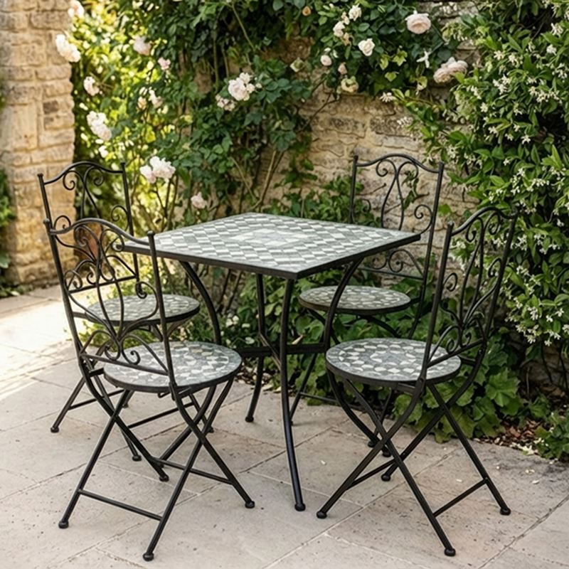 Set de 4 sillas plegables forja y mesa cuadrada ceramica y metal negro
