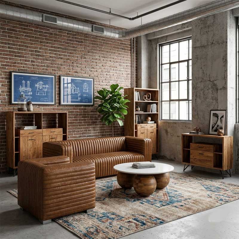 Salón rustico industrial madera metal y piel