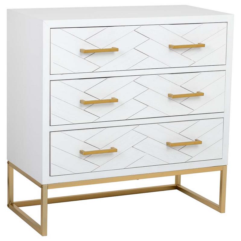 Comoda Dormitorio en Blanco 3 Cajones y patas tiradores dorados