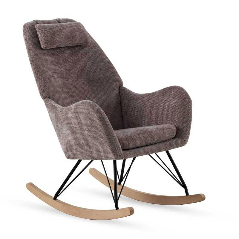 Mecedora Tapizada Chenilla Marron Oscuro Patas Metal y Madera