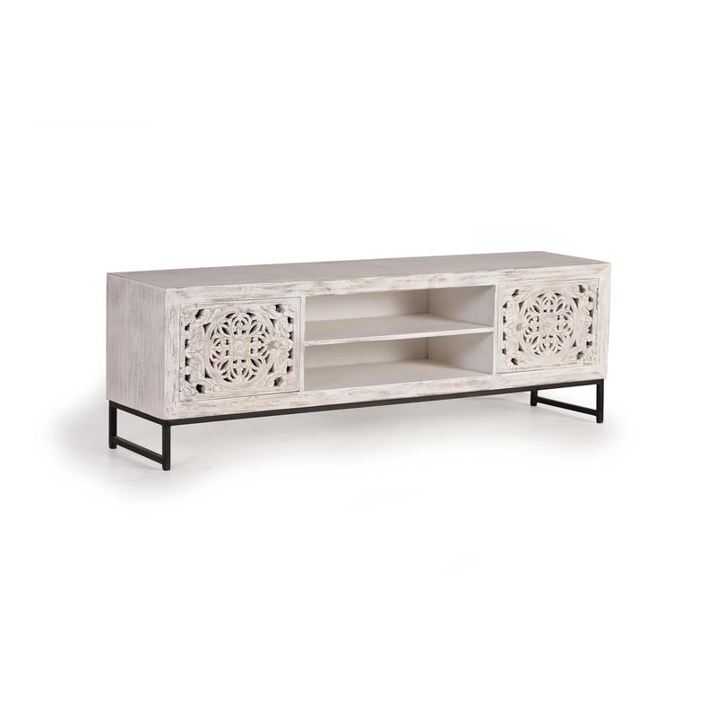 Mueble TV Bajo Blanco Tallado 2 Puertas - Serie Mykonos