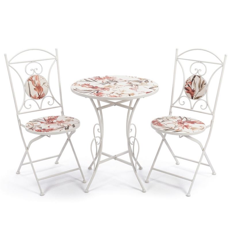 2 Sillas y Mesa Jardín Tapa de Flores y Forja Blanca Serie Audyn