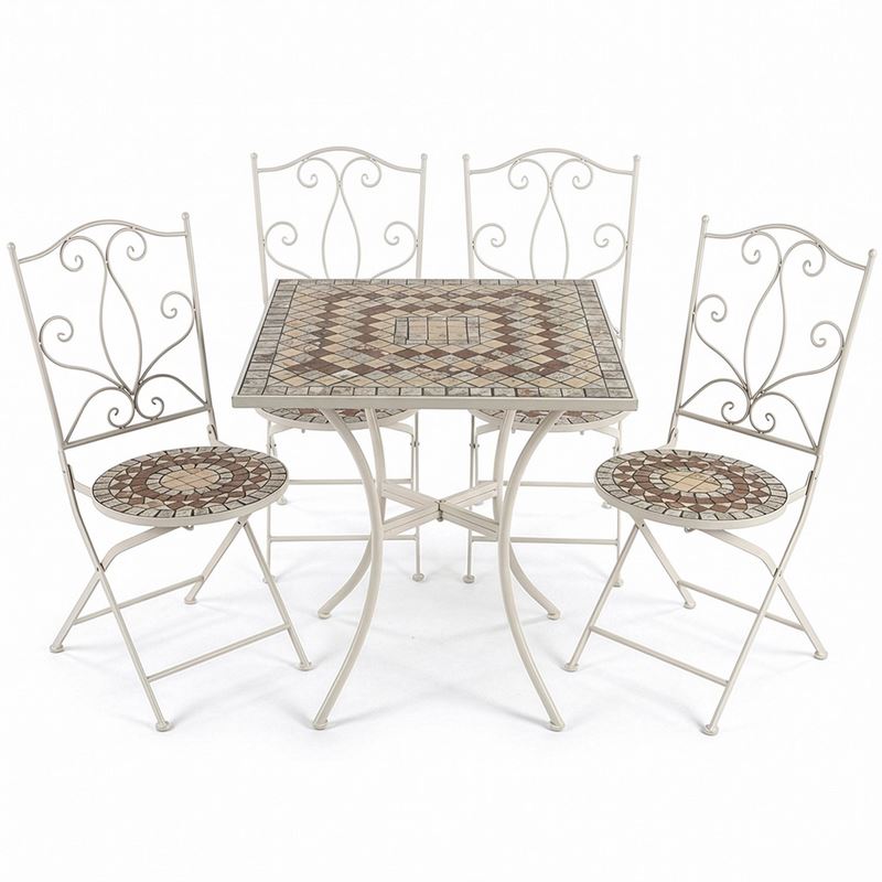 4 Sillas y Mesa Jardín Cuadrada Mosaico y Forja Blanca Audyn