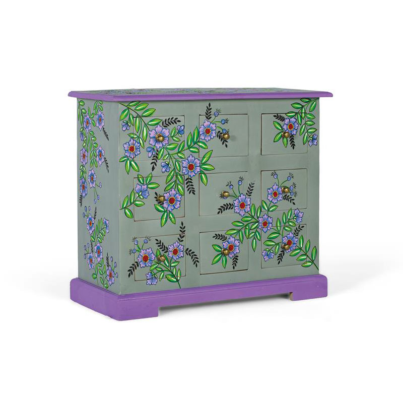 Comoda Pequeña Gris 9 Cajones Decorados con Flores Serie Alverit