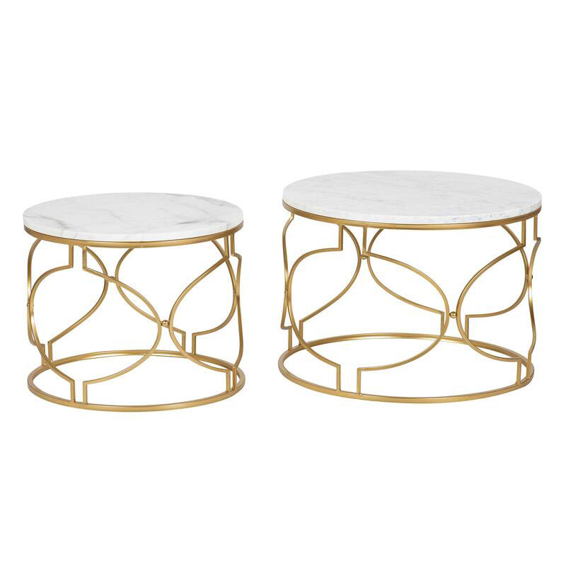 Juego de 2 Mesas Redondas Marmol Y Metal Oro Serie Alagon