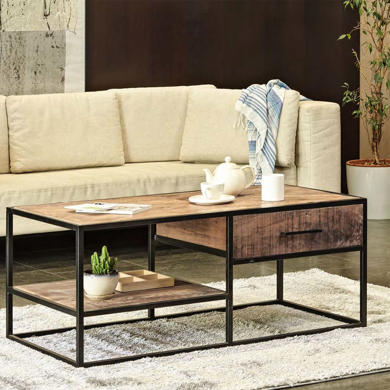 Mesa de Centro Estilo Industrial Madera Acacia y Acero Delhi