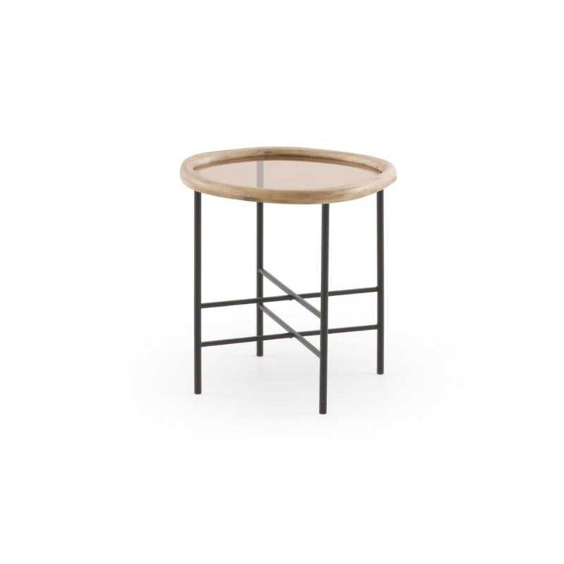 Mesa Redonda Auxiliar Madera y Metal con Cristal - Serie Anlet