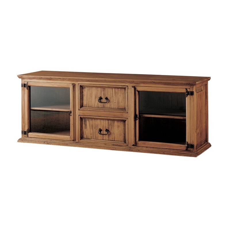 Mueble TV Rustico 2 Puertas Acristaladas 2 Cajones en Pino