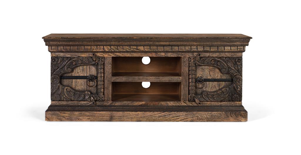 Mueble TV Rustico 2 Puertas Talladas Color Nogal Serie Acebal