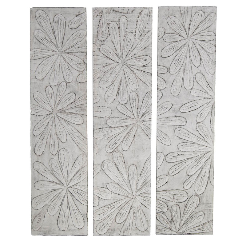 Panel Madera Suar Blanco Tallado con Flores Serie Ahulost