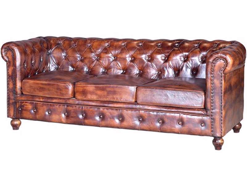 Sofa Chester Tapizado Cuero Marron Viejo 3 Plazas Serie Alinas