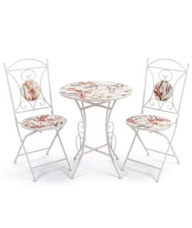 2 Sillas y Mesa Jardín Tapa de Flores y Forja Blanca Serie Audyn