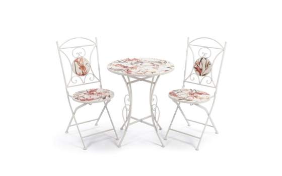 2 Sillas y Mesa Jardín Tapa de Flores y Forja Blanca Serie Audyn