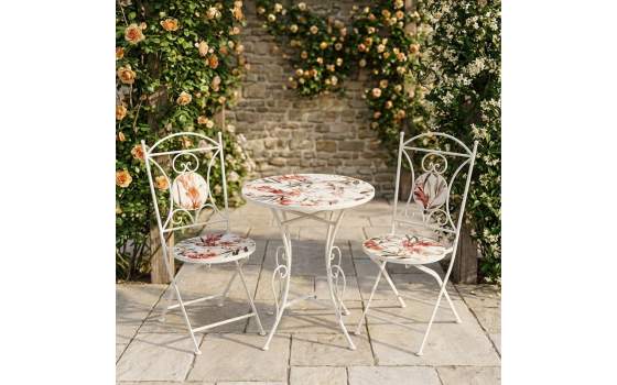 2 Sillas y Mesa Jardín Tapa de Flores y Forja Blanca Serie Audyn