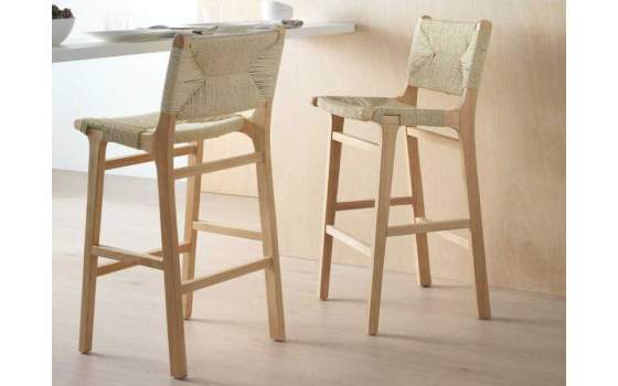 2 Taburetes Bar Madera Asiento Respaldo Trenzado Hevea