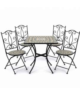 4 Sillas Mesa Jardín Cuadrada Mosaico Cerámico Forja Negra Audyn