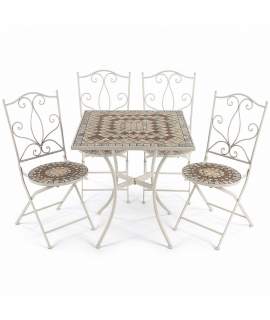 4 Sillas y Mesa Jardín Cuadrada Mosaico y Forja Blanca Audyn