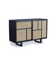 Aparador 2 Puertas Correderas Negro Rejilla Rattan Serie Atenea