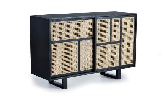 Aparador 2 Puertas Correderas Negro Rejilla Rattan Serie Atenea