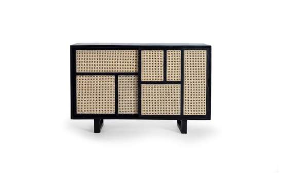 Aparador 2 Puertas Correderas Negro Rejilla Rattan Serie Atenea