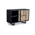 Aparador 2 Puertas Correderas Negro Rejilla Rattan Serie Atenea
