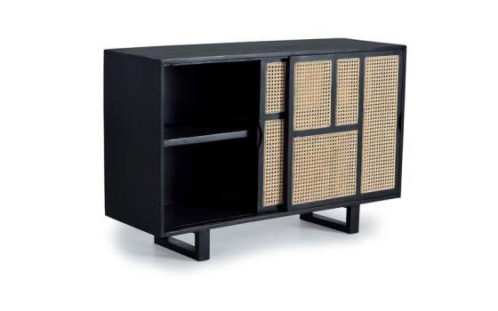 Aparador 2 Puertas Correderas Negro Rejilla Rattan Serie Atenea