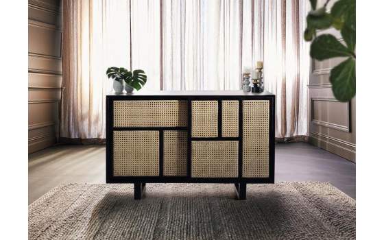 Aparador 2 Puertas Correderas Negro Rejilla Rattan Serie Atenea