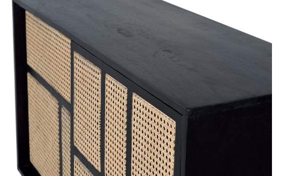 Aparador 2 Puertas Correderas Negro Rejilla Rattan Serie Atenea