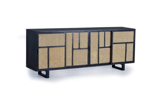 Aparador 4 Puertas Correderas Negro Rejilla Rattan Atenea
